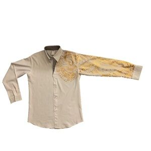 Men's White and Gold Tribal Patterned Long Sleeve Dress Shirt